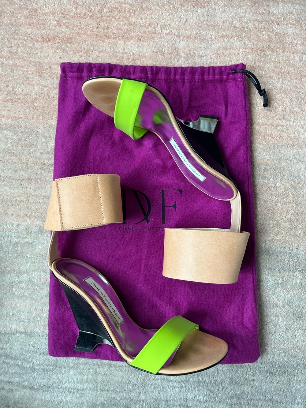 Diane Von Furstenberg Lime Green and Tan Wedge Heel Sandals